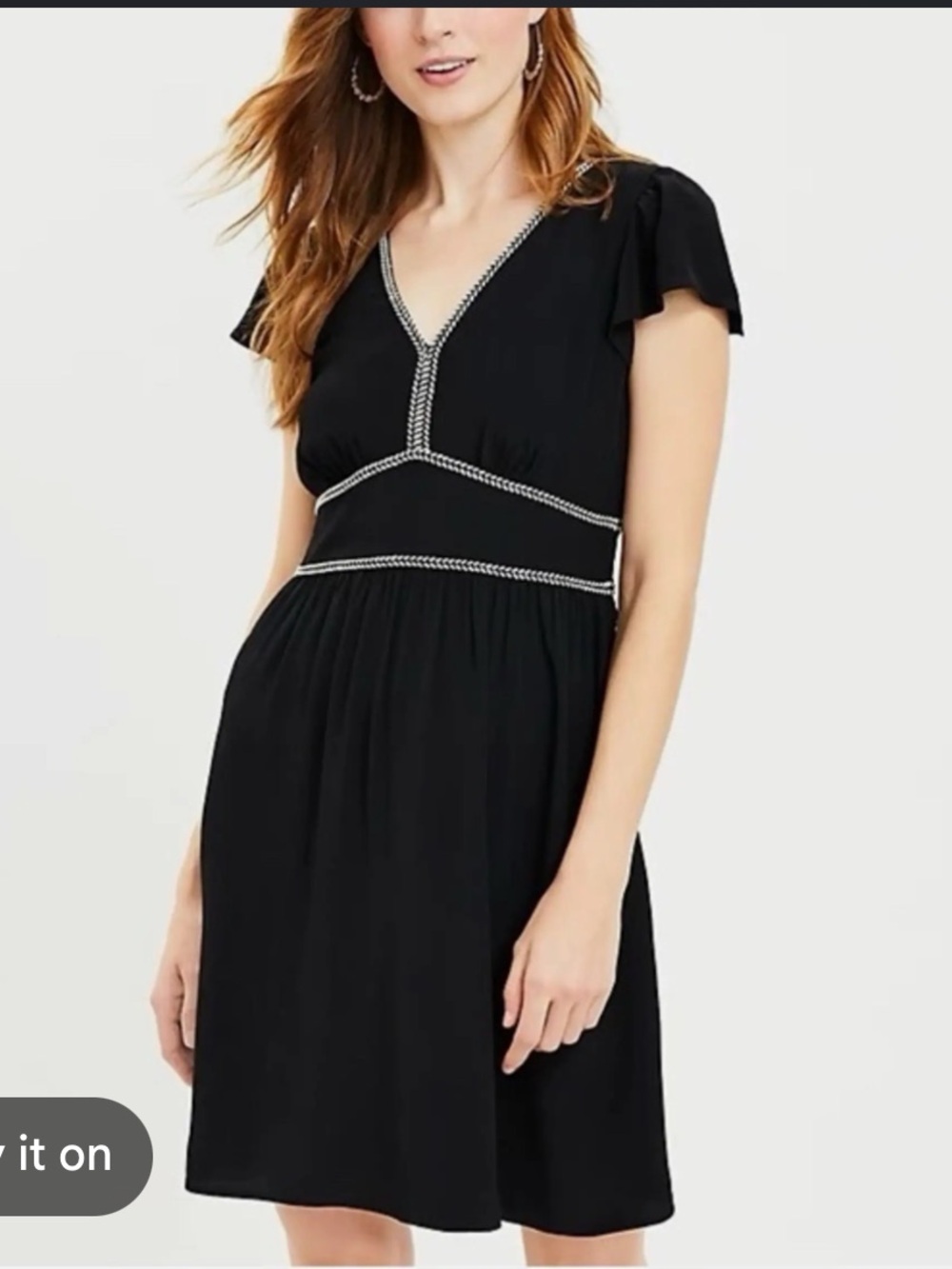 LOFT Black V-Neck Dress with flutter sleeves. Braided trim